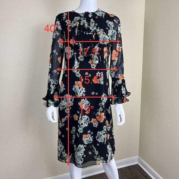 Mikael Aghal Women's Size 2 Floral Ruffle Pleated Sheer Dress Chiffon Victorian - Picture 3 of 13